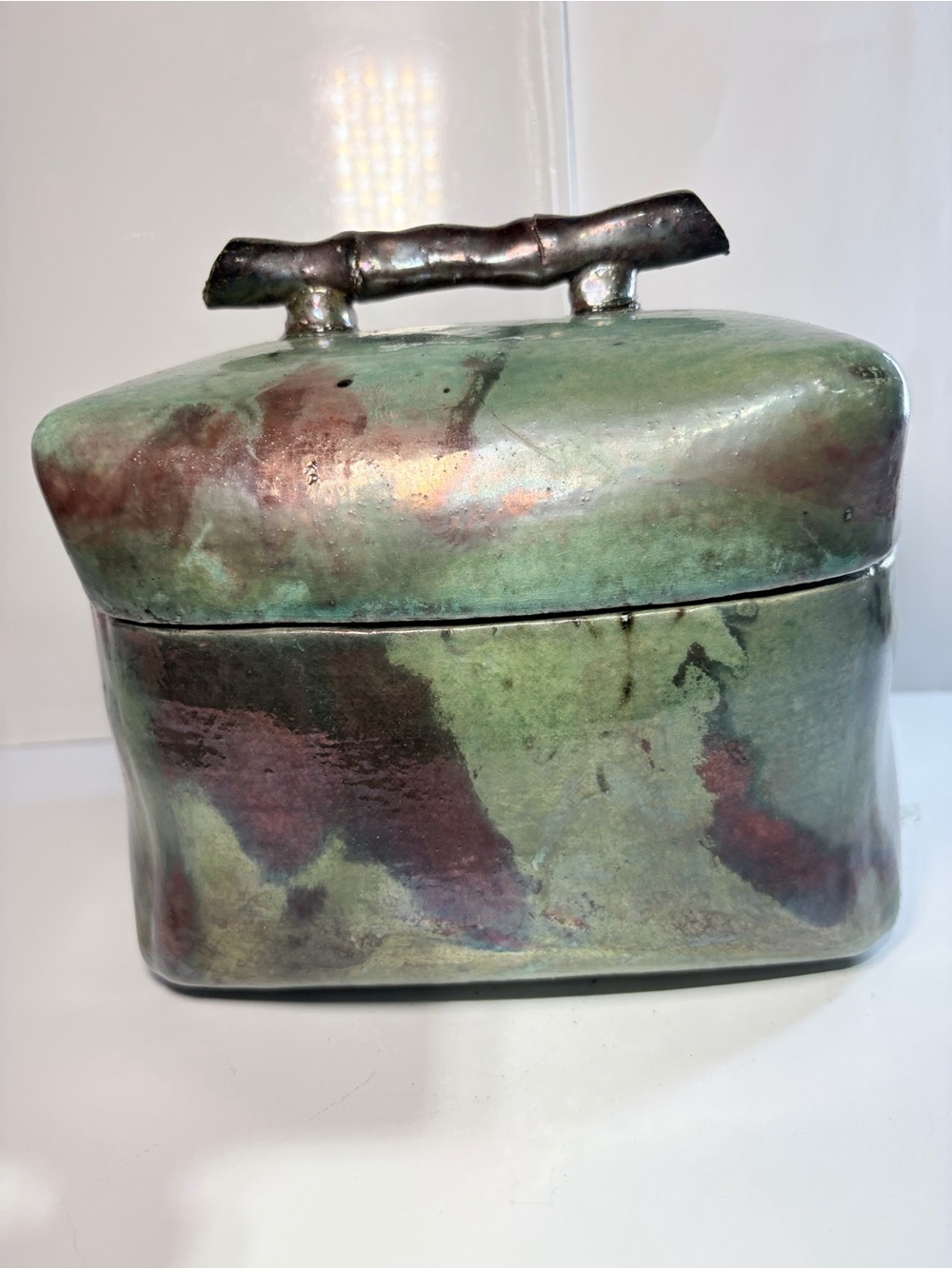 Vintage 1996 Sandy LaCour Signed Studio Raku Pottery Lidded Box | Bamboo Handle